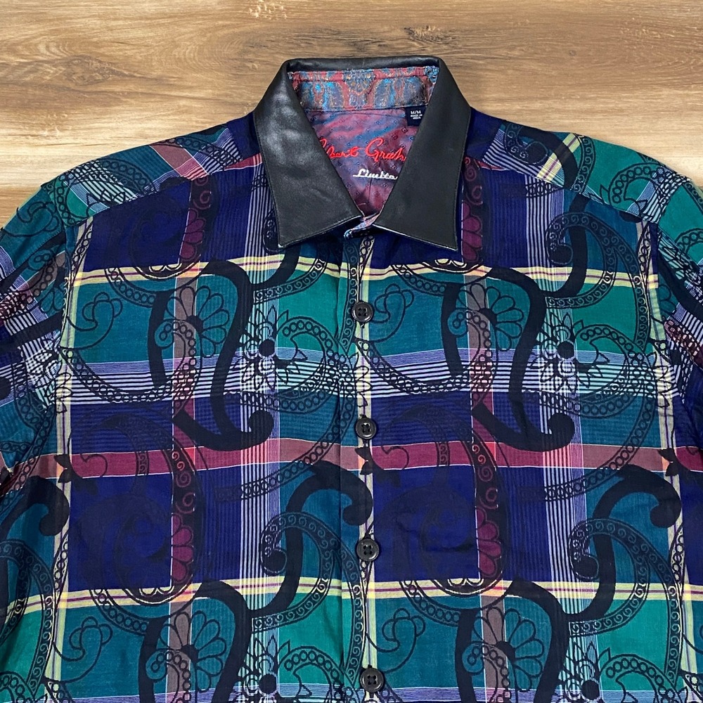 Robert Graham Limited‎ Edition Shirt Mens Medium Leather Collar Paisley Plaid